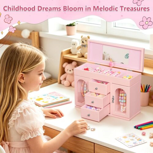 Emfogo Musical Jewelry Box for Girls, Large Wooden Kids Jewelry Organizer with Spinning Ballerina & Mirror, 5-Layer Storage with Drawers & Side Doors, Pink Jewelry Box for Girls