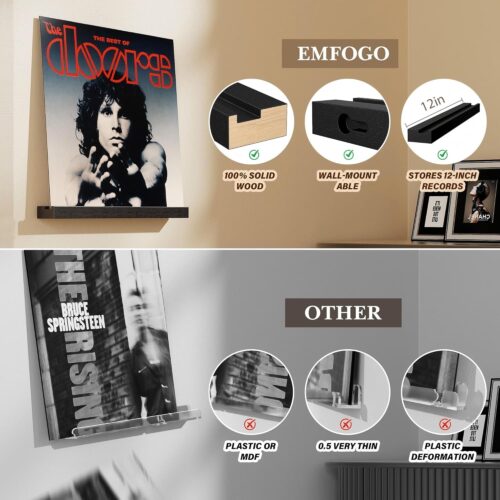 Emfogo Vinyl Record Shelf Wall Mount, 6 Pack Album Record Holder Wall, 12 inch Vinyl Record Storage Shelves Wall, Wood Record Display for Living Room
