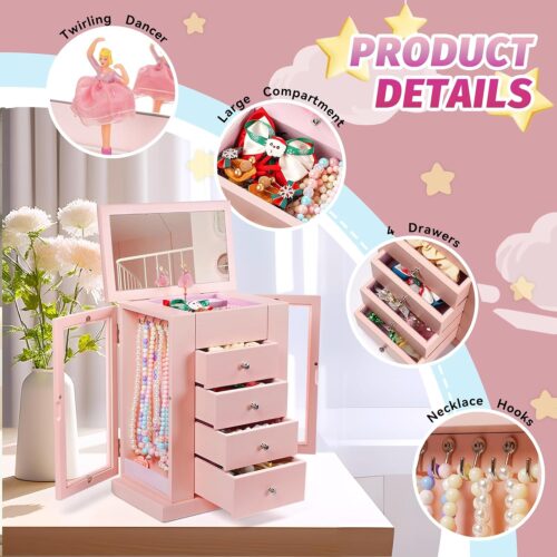 Emfogo Jewelry Box for Girls, Musical Jewelry Box with Spinning Dancer Gifts for Little Girls Christmas New Year Birthday Children's Day, 5 Layer Large Wooden Kids Music Jewelry