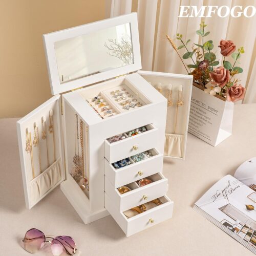 Emfogo Jewelry Boxes for Women, 5-Layer Large Leather Jewelry Organizer Box with Mirror and Drawers, Jewelry Storage for Necklaces Earrings Rings Bracelets
