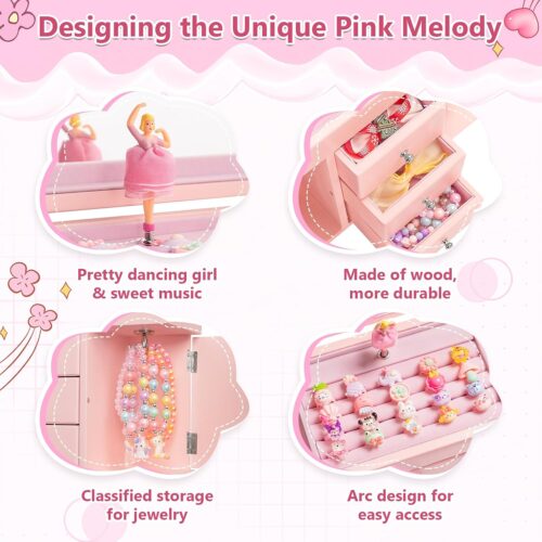 Emfogo Musical Jewelry Box for Girls, Large Wooden Kids Jewelry Organizer with Spinning Ballerina & Mirror, 5-Layer Storage with Drawers & Side Doors, Pink Jewelry Box for Girls