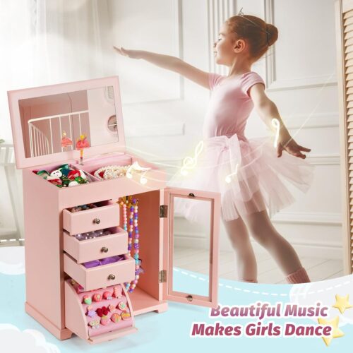 Emfogo Jewelry Box for Girls, Kids Jewelry Box with Spinning Dancer, 5 Layer Large Wooden Musical Jewelry Organizer Box Gifts for Little Girls Christmas New Year Birthday