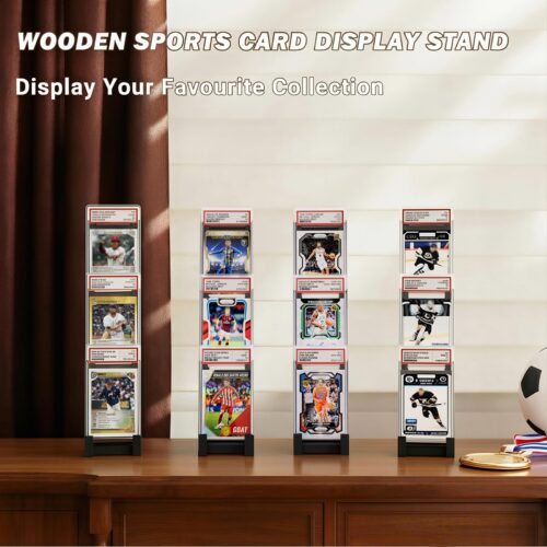 Emfogo Card Display Stand (4 Pack), Wooden 3 Tier Sports Graded Card Display, Trading Card Display Stand for Sports Card Collection & Show, Black