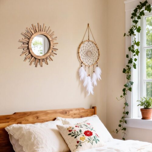 Emfogo 12 Inch Boho Sunburst Mirror, Round Wooden Wall Decor Starburst Sun Mirror for Bedroom, Living Room, Bathroom, Hallway, Balcony, Farmhouse Entryway, Housewarming