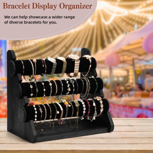 Emfogo Triple Bracelet Holder Wooden Jewelry Display Stand Watch Bangle Bar Necklace Storage Organizer Bangle Scrunchie Organizer Holder for Store, Showcase and Home Storage