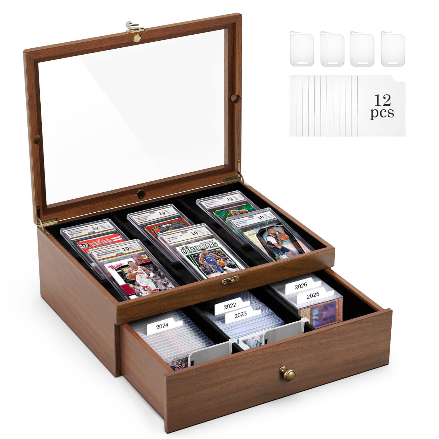 Emfogo Trading Card Storage Box, Wooden Graded Sports Card Display Case