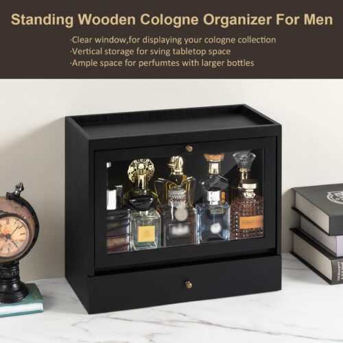 Emfogo Cologne Organizer for Men, Solid Wood Perfumes Organizer for Men Dresser, Large Capacity Dustproof Cologne Holder with Drawer Storage Perfume Stand Organizer, Ideal Gift for
