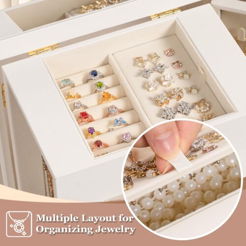 Emfogo Jewelry Boxes for Women, 5-Layer Large Leather Jewelry Organizer Box with Mirror and Drawers, Jewelry Storage for Necklaces Earrings Rings Bracelets