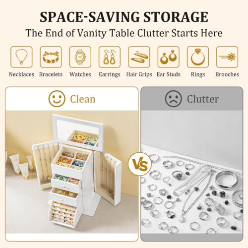 Emfogo Synthetic Leather Jewelry Box Organizer, Large Jewelry Boxes Storage with Mirror Velvet Interior, 4 Tier Jewlery Organizers for Women Girls Dedicated Slots for Ring Necklace