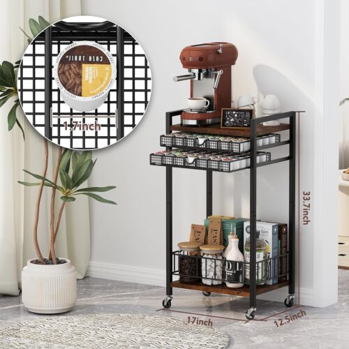 Emfogo Coffee Cart Station, 4-Tier Coffee Station Organizer with Lockable Wheels, Coffee Pod Holder Drawer Holds 84 Pods, Coffee Bar Cart for Kitchen, Living Room, Office, Rustic