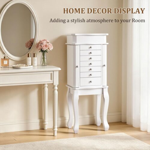 Emfogo Standing Jewelry Armoire Cabinet, Large Standing Jewelry Organizer Box with Top Flip Mirror, 7 Drawers & 2 Side Doors, Jewelry Chest for Rings Earrings Necklaces Bracelets