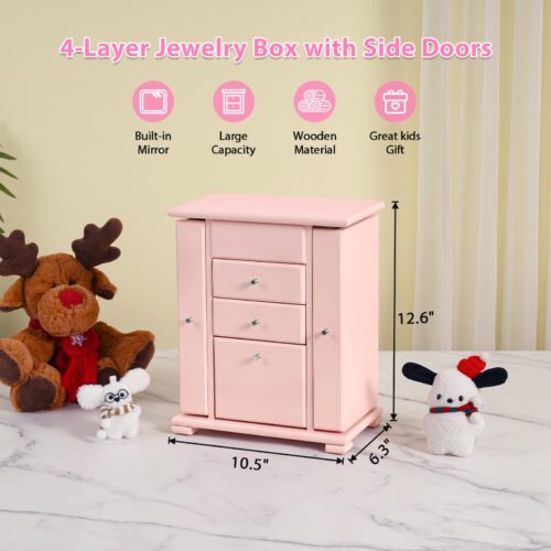 Emfogo Jewelry Box for Women, Rustic Wooden Jewelry Boxes & Organizers with Mirror, 4 Layer Jewelry Organizer Box Display for Rings Earrings Necklaces Bracelets
