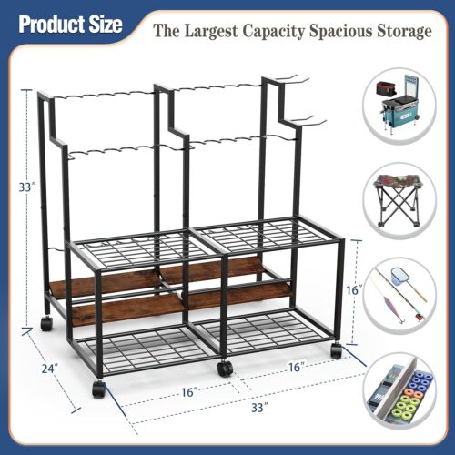Emfogo Fishing Rod Holders for Garage, 24 Rod Fishing Pole Rack Cart with Wheels, Fishing Rod Storage Organizer with Shelves, Rolling Tackle Storage Rack for Fishing Gear, Garage