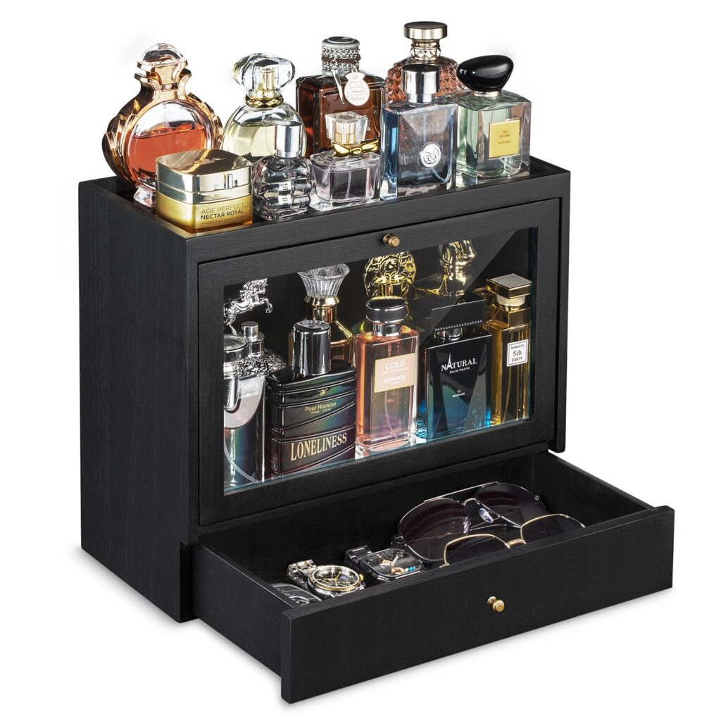 Emfogo Cologne Organizer for Men, Solid Wood Perfumes Organizer for Men Dresser, Large Capacity Dustproof Cologne Holder with Drawer Storage Perfume Stand Organizer, Ideal Gift for
