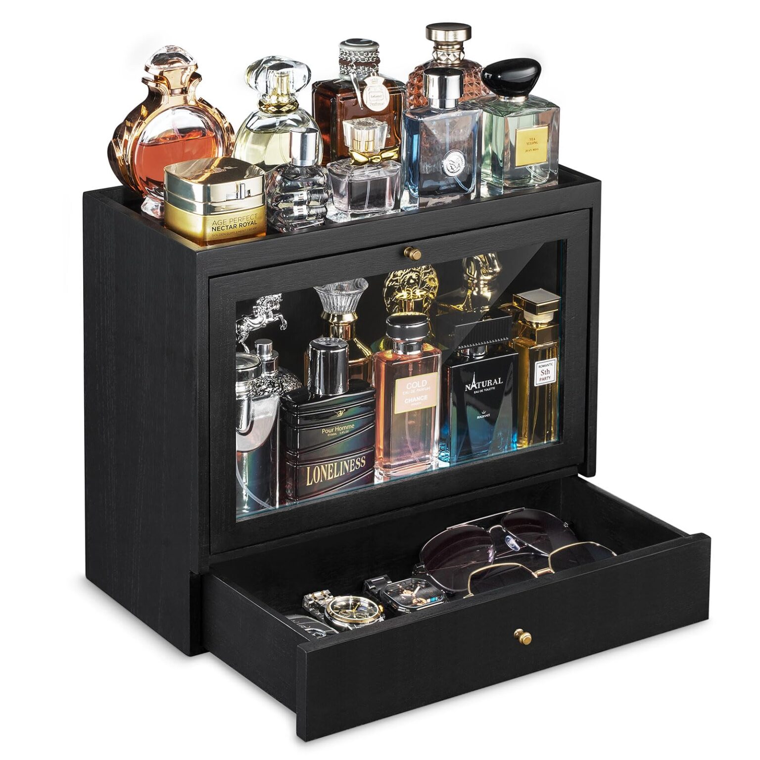 Emfogo Cologne Organizer for Men, Solid Wood Perfumes Organizer for Men Dresser, Large Capacity Dustproof Cologne Holder with Drawer Storage Perfume Stand Organizer, Ideal Gift for