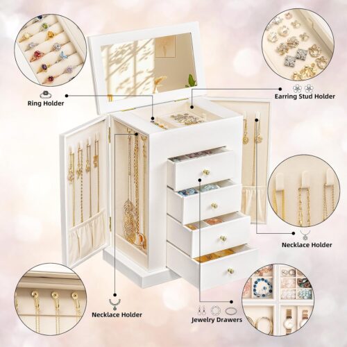 Emfogo Jewelry Boxes for Women, 5-Layer Large Leather Jewelry Organizer Box with Mirror and Drawers, Jewelry Storage for Necklaces Earrings Rings Bracelets