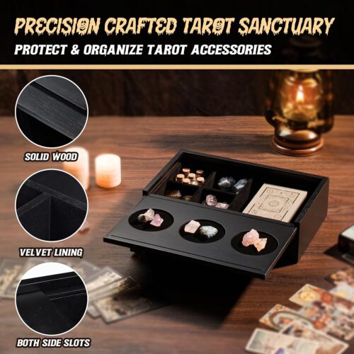 Emfogo Wooden Tarot Card Holder - Slide-Top Lid with 2 Card Slots Holds 8 Cards & Displays Crystals, Multi-Compartment Organizer for Jewelry, Trinket, Keepsake, Witchcraft Supplies
