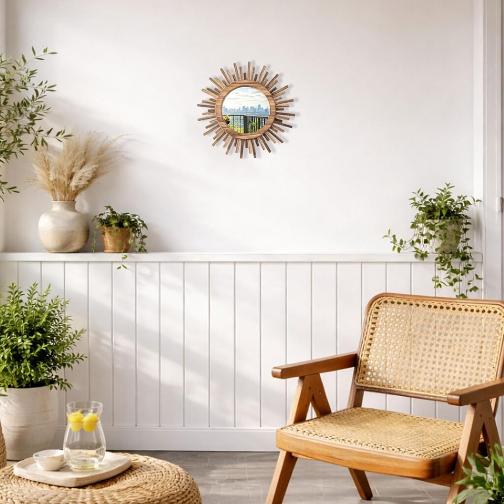 Emfogo 12 Inch Boho Sunburst Mirror, Round Wooden Wall Decor Starburst Sun Mirror for Bedroom, Living Room, Bathroom, Hallway, Balcony, Farmhouse Entryway, Housewarming