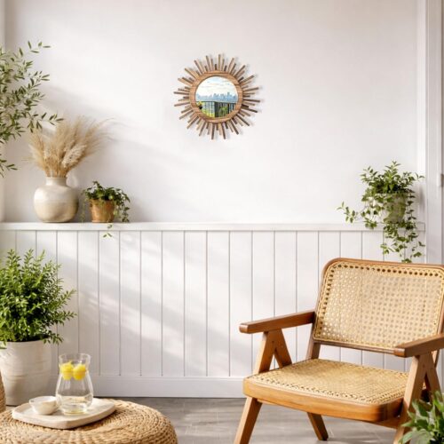 Emfogo 12 Inch Boho Sunburst Mirror, Round Wooden Wall Decor Starburst Sun Mirror for Bedroom, Living Room, Bathroom, Hallway, Balcony, Farmhouse Entryway, Housewarming