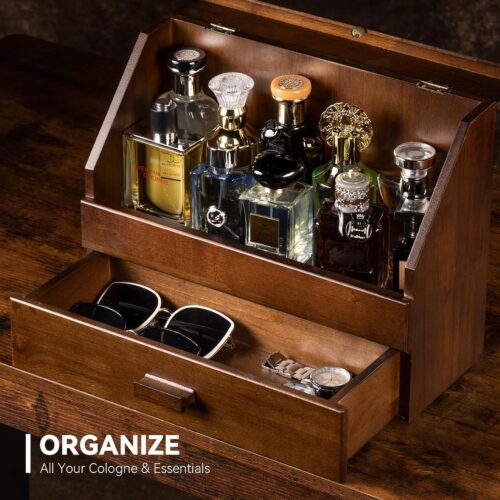 Emfogo Cologne Organizer for Men - Dustproof Stand with Drawer, Wood Perfume Stand Organizer for Dresser, Large Capacity Cologne Holder Display, Great Gift for Men