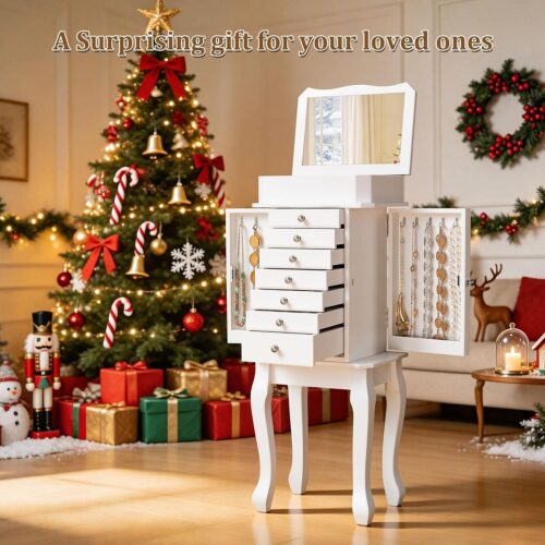 Emfogo Standing Jewelry Armoire Cabinet, Large Standing Jewelry Organizer Box with Top Flip Mirror, 7 Drawers & 2 Side Doors, Jewelry Chest for Rings Earrings Necklaces Bracelets