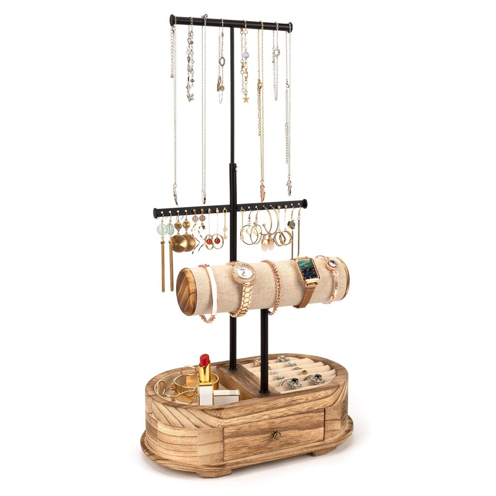 Emfogo Jewelry Organizer Tree Stand Wood Basic Jewelry Drawer Storage Box with Double Rods & 3 Tier Jewelry Holder Bracelet Organizer Necklaces Earring Ring Display