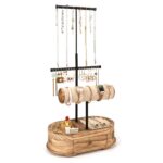 Emfogo Jewelry Organizer Tree Stand Wood Basic Jewelry Drawer Storage Box with Double Rods & 3 Tier Jewelry Holder Bracelet Organizer Necklaces Earring Ring Display