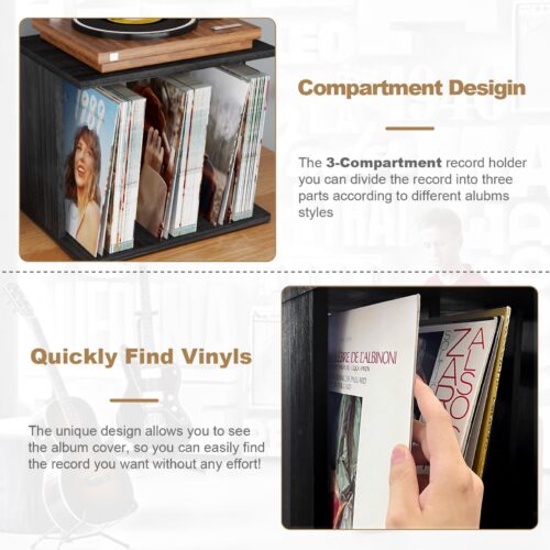 Emfogo Vinyl Record Storage, Record Player Stand Wall Mount Up to 80-100 Albums, 3-Compartment Vinyl Record Holder, Black