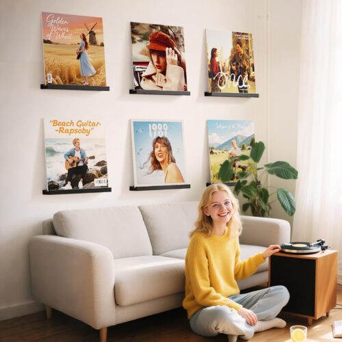 Emfogo Vinyl Record Shelf Wall Mount, 6 Pack Album Record Holder Wall, 12 inch Vinyl Record Storage Shelves Wall, Wood Record Display for Living Room