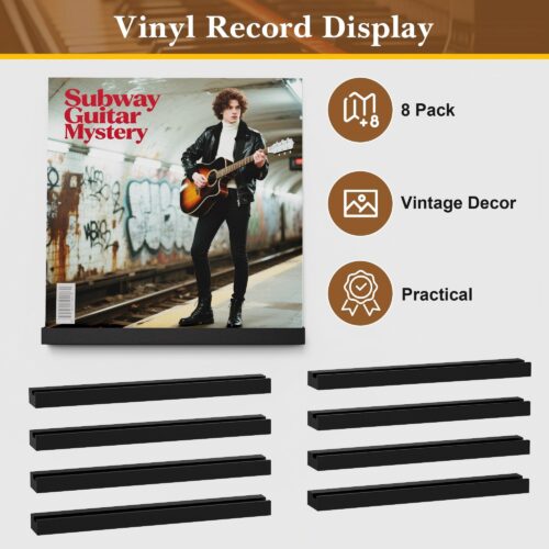 Emfogo 8 Pack Vinyl Record Shelf Wall Mount, Record Holder Wall, 12 inch Album Vinyl Record Storage Shelves Wall, Wood Record Display for Living Room