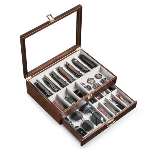 Emfogo Pocket Knife Display Case for Collection of 18-24 Folding Knives, Pocket Case with Real Glass Window Top, Two-Tier Knife Organizer Storage Box, Men's Gift