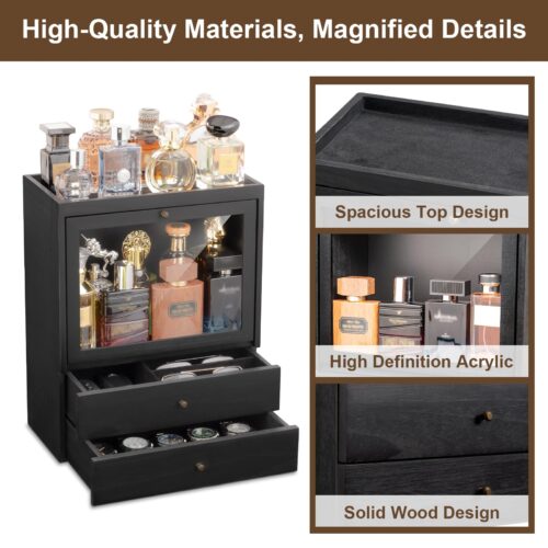 Emfogo Cologne Organizer, 4 Tier Vertical Wood Perfume Stand for Men, Large Capacity Dustproof Perfumes Organizer Cologne Stand with Double Drawer Storage, Gift for Loved ones