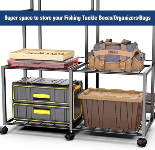 Emfogo Fishing Rod Holders for Garage, 24 Rod Fishing Pole Rack Cart with Wheels, Fishing Rod Storage Organizer with Shelves, Rolling Tackle Storage Rack for Fishing Gear, Garage
