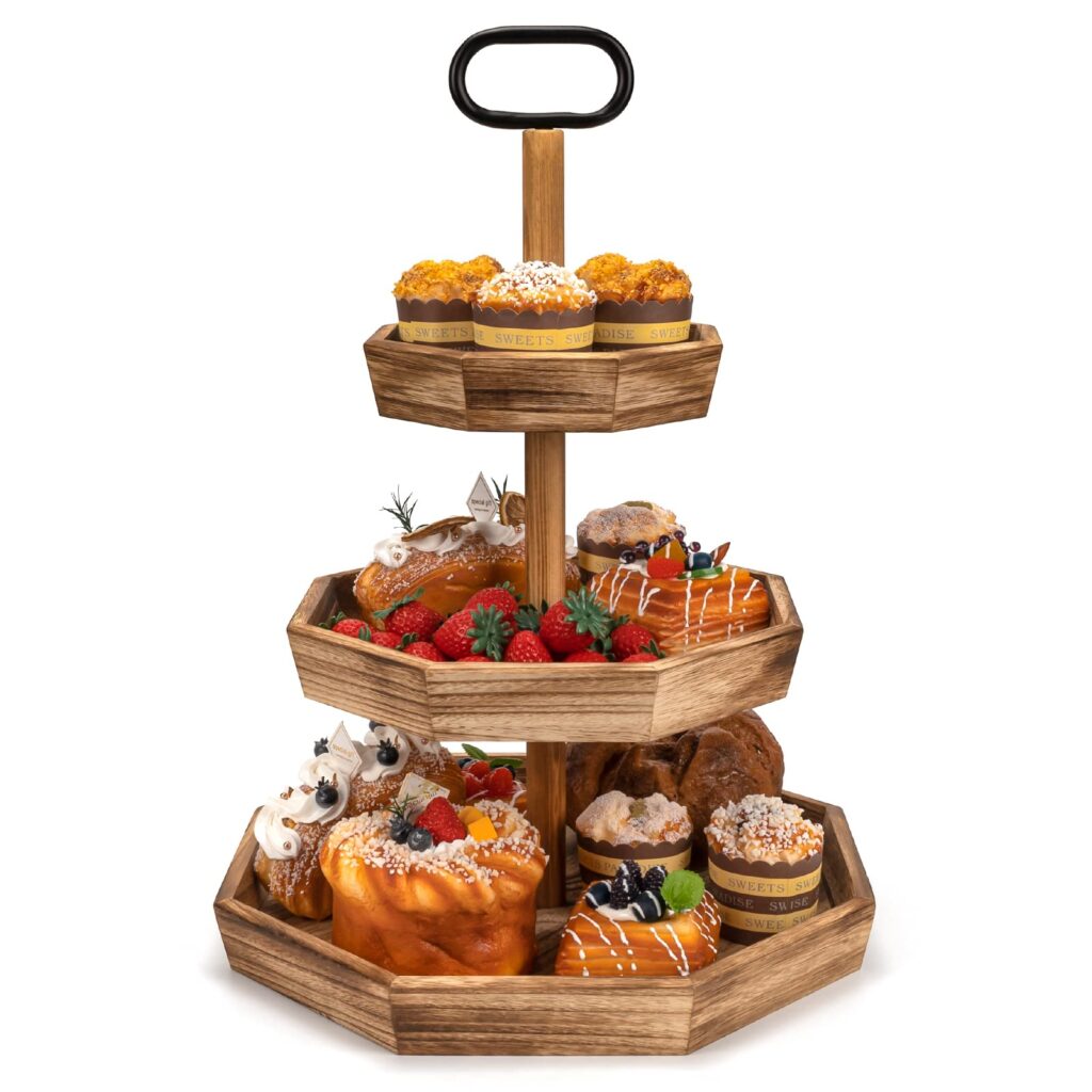 Emfogo Tiered Tray, Wood 3 Tier Farmhouse Decorative Tray for Cakes Cupcakes Desserts Fruits, Serving Tray Stand for Party Wedding Home Decor
