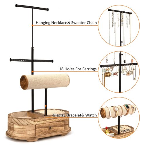 Emfogo Jewelry Organizer Tree Stand Wood Basic Jewelry Drawer Storage Box with Double Rods & 3 Tier Jewelry Holder Bracelet Organizer Necklaces Earring Ring Display