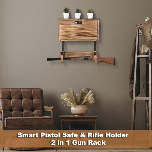 Emfogo Wooden Wall Mount Gun Rack with Lock, 2-in-1 Horizontal Display for Rifle, Shotgun and Dual Pistols, Secure Firearms Storage Hanger