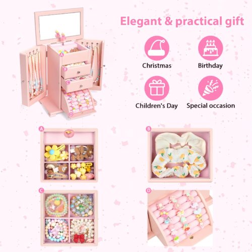 Emfogo Jewelry Box for Women, Rustic Wooden Jewelry Boxes & Organizers with Mirror, 4 Layer Jewelry Organizer Box Display for Rings Earrings Necklaces Bracelets