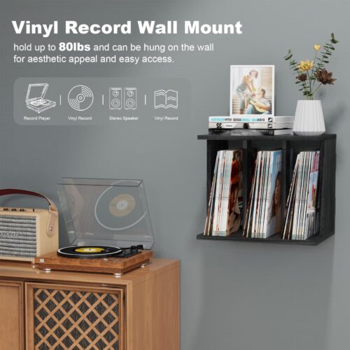 Emfogo Vinyl Record Storage, Record Player Stand Wall Mount Up to 80-100 Albums, 3-Compartment Vinyl Record Holder, Black