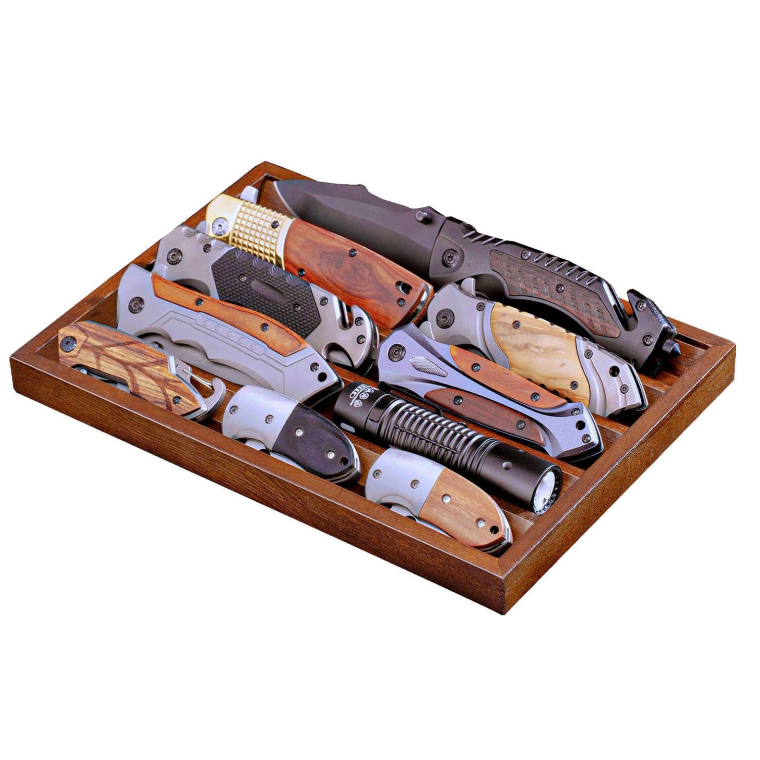 Emfogo Large Pocket Knife Display, EDC Tray Fits Pocket Knives & EDC Flashlight