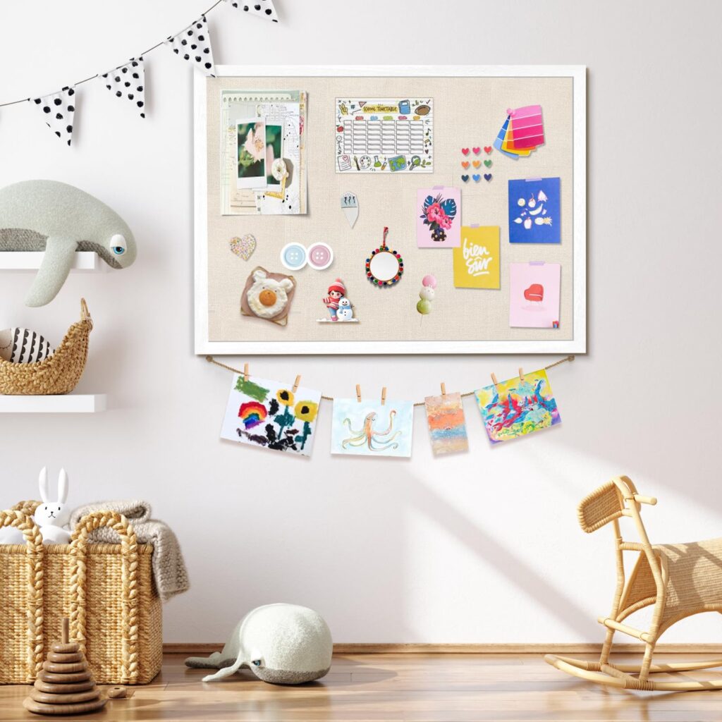Emfogo Large Bulletin Board 23x18inch with Linen Rope Cork Boards Wall Decor Picture Framed Display Board Hanging Pin Board Vision Board Bulletin Cork Board for School Office Room