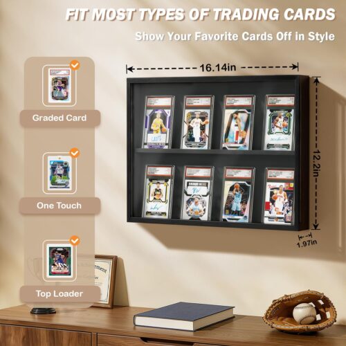 Emfogo Card Display Case, Trading Card Display Frame Wall Mount, Wooden Baseball Card Display Case with Clear View, Graded Sports Card Display for Trading Card Collection