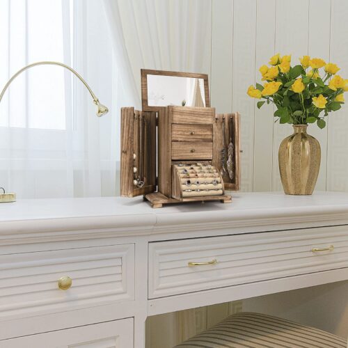 Emfogo Jewelry Box for Women, Rustic Wooden Jewelry Boxes & Organizers with Mirror, 4 Layer Jewelry Organizer Box Display for Rings Earrings Necklaces Bracelets