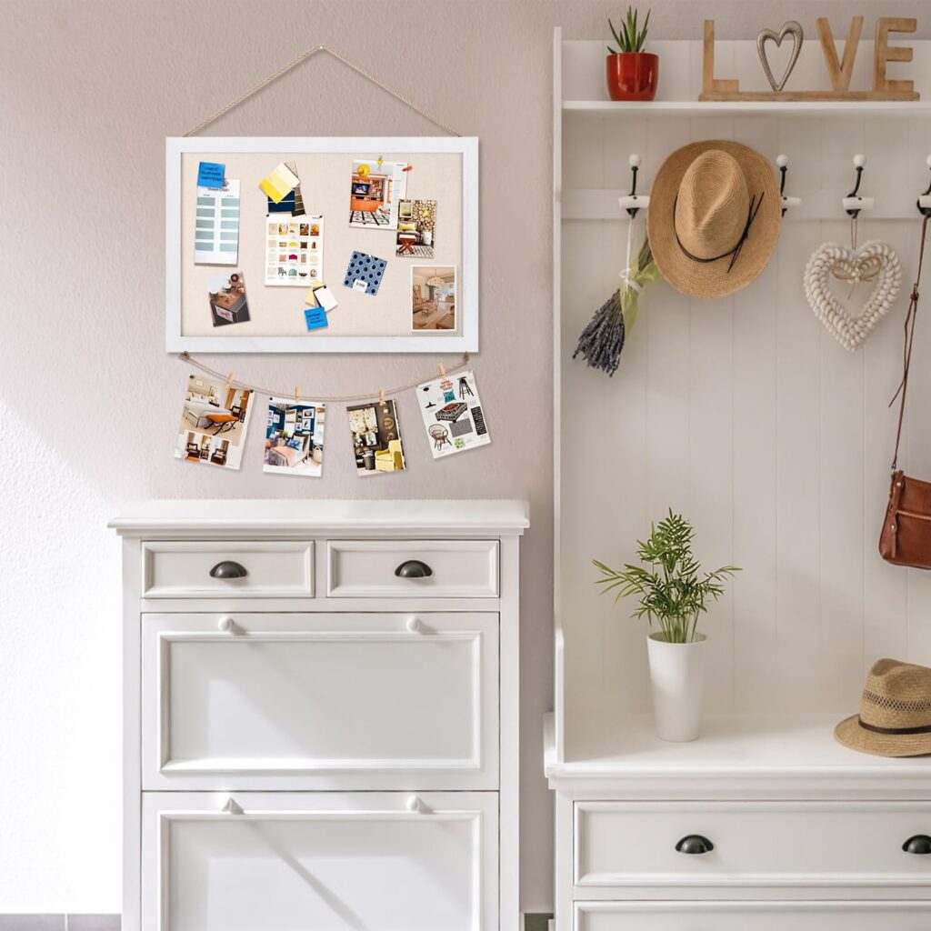 Emfogo Cork Board Vision Board, 16 "x11 White Linen Cork Boards for Walls with Frame, Pin Board Bulletin Board for Home Kitchen School Office Decor