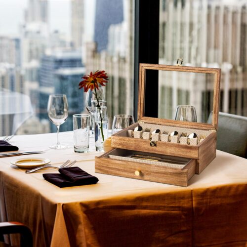 Emfogo Wooden Silverware Storage Box - 2 Layer Carbonized Black