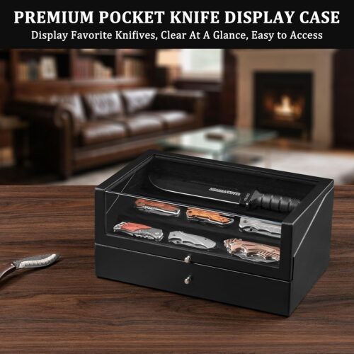 Emfogo Pocket Knife Display Case, Large Knife Collection Box for Folding Knives & EDC Gear, Solid Wood Knife Organizer with Transparent Lid & Drawer, Collector-Grade Gift for Men