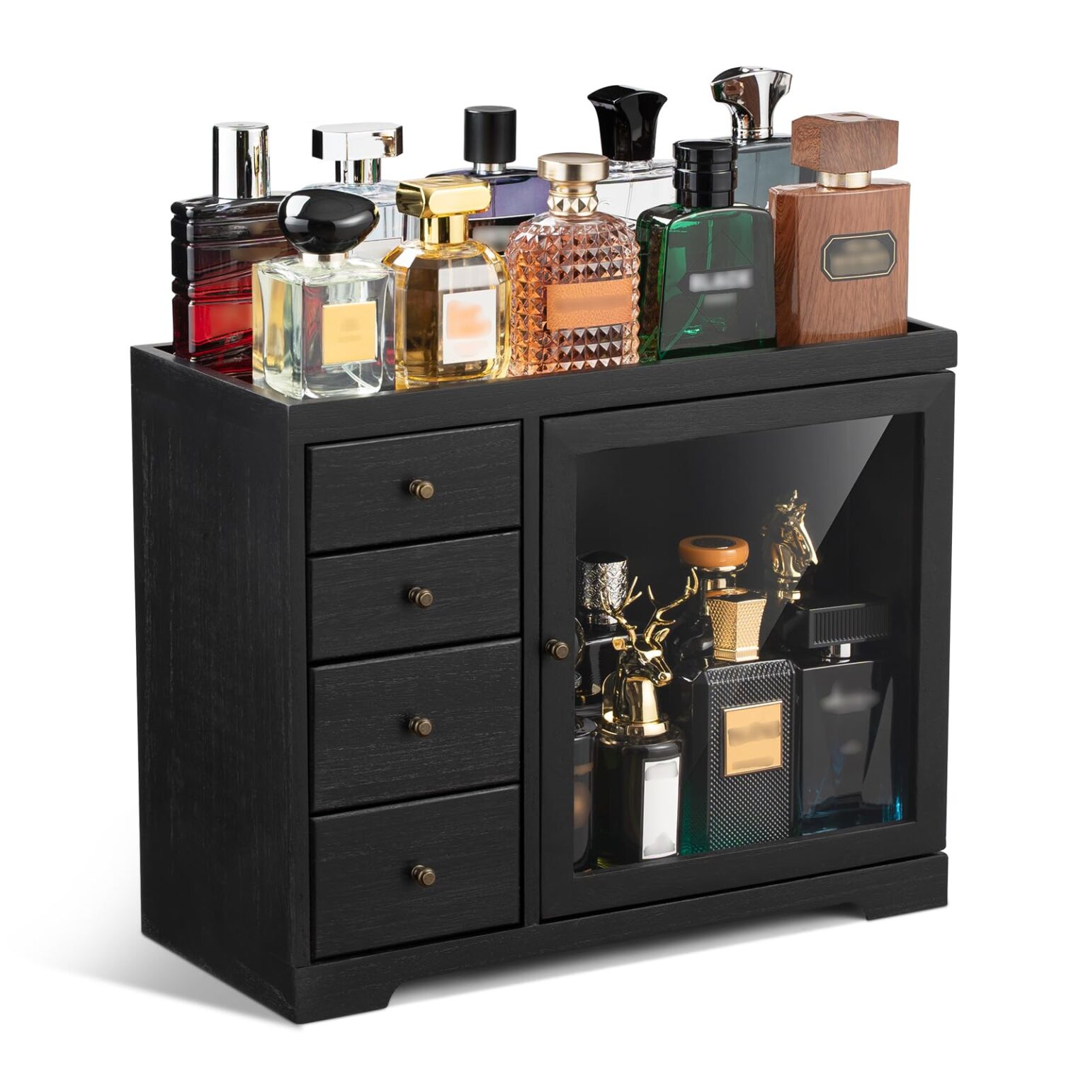 Emfogo Cologne Organizer for Men, 5 Tier Large Capacity organizador de perfumes, Wooden Dustproof Perfumes Organizer Cologne Stand with 4 Drawer Storage,Gifts Ideas for Loved ones