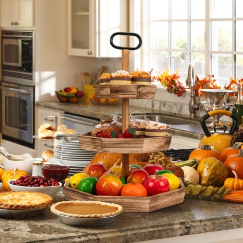 Emfogo Tiered Tray, Wood 3 Tier Farmhouse Decorative Tray for Cakes Cupcakes Desserts Fruits, Serving Tray Stand for Party Wedding Home Decor