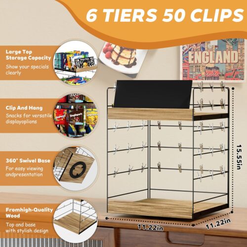 Emfogo Chip Rack Display Stand, 6 Tiers 50 Clips Snack Organizer, 360° Rotating Wood Base Candy Display Rack, Portable Retail Display Shelf for Countertop, Office, Store, Kitchen