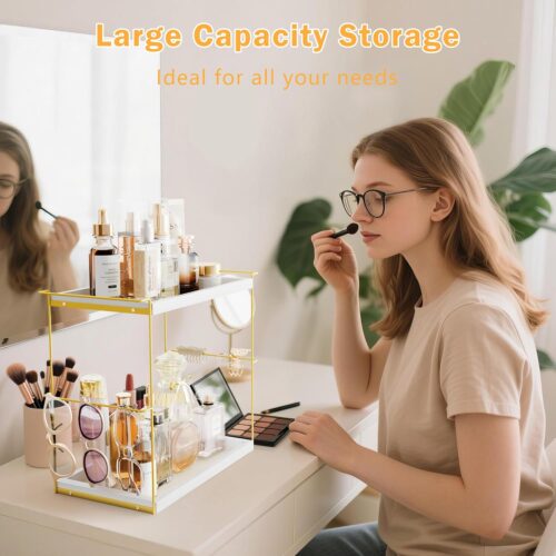Emfogo Perfume Organizer for Women, 2 Tier Wooden and Metal Cologne Organizer for Men, Large Capacity Perfume Stand Holder Tray for Vanity Bathroom Countertop Organizers and