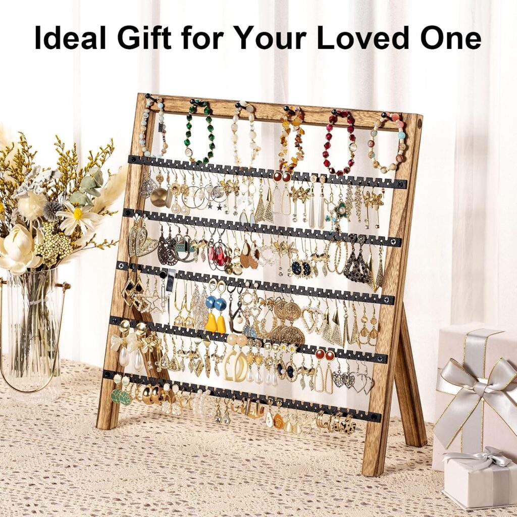 Emfogo Earring Holder Organizer, 6 Tier Earring Display Stand with 285 Holes & 6 Bracelet Rods, Rustic Wood Jewelry Organizer for Earring Bracelet Necklace Ring, Gifts for Women